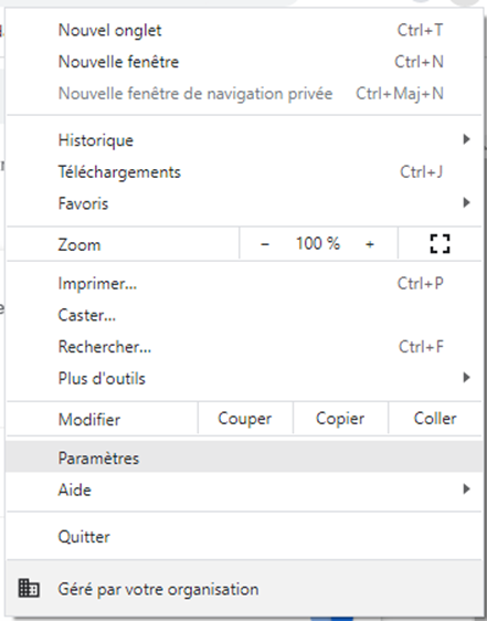 Menu Google Chrome avec la navigation des paramètres en surbrillance